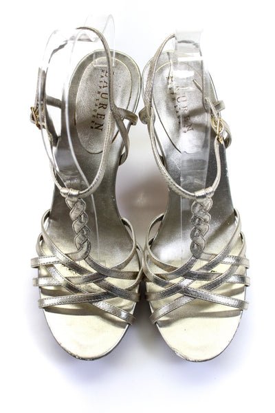 Lauren Ralph Lauren Womens Gold Leather Strappy Platform Sandals Shoes Size 7