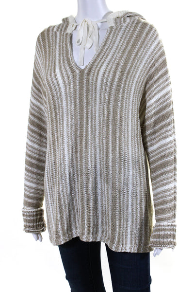 DKNY Women's Hood Long Sleeves Pullover Knit Sweater Beige Stripe Size M