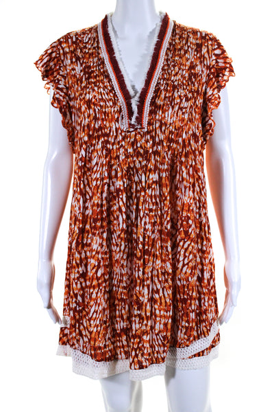 Poupette St. Barth Womens Abstract Print V Neck Dress Orange Red Size Medium