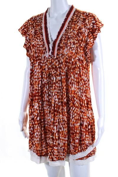 Poupette St. Barth Womens Abstract Print V Neck Dress Orange Red Size Medium