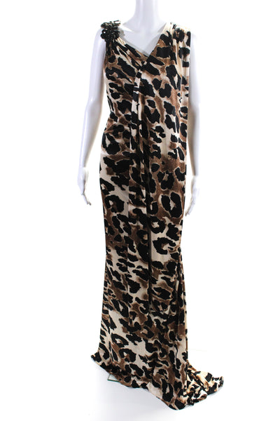 Jovani Womens Brown Leopard Print Beaded One Shoulder Zip Gown Dress Size 2