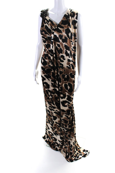 Jovani Womens Brown Leopard Print Beaded One Shoulder Zip Gown Dress Size 2