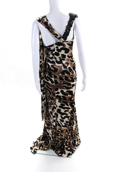 Jovani Womens Brown Leopard Print Beaded One Shoulder Zip Gown Dress Size 2