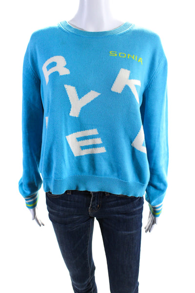 Sonia Rykiel Womesn Cotton Long Sleeve Graphic Pullover Sweater Blue Size XL