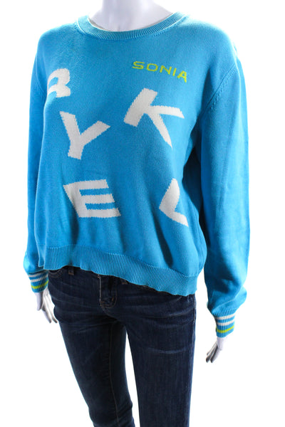 Sonia Rykiel Womesn Cotton Long Sleeve Graphic Pullover Sweater Blue Size XL