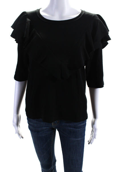 Veronica Beard Womens Cotton Short Sleeve Ribbed Ruffle Blouse Black Size L