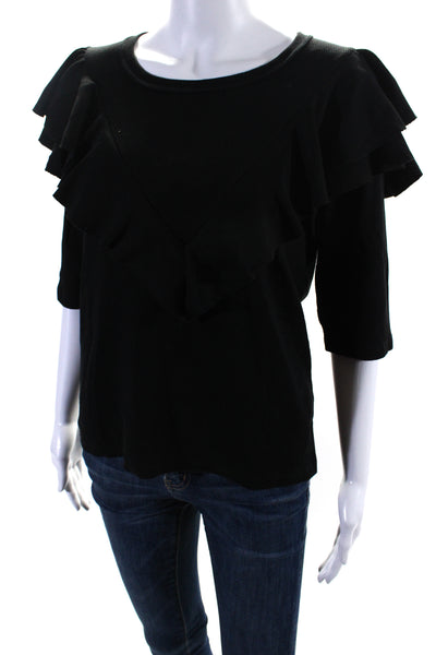 Veronica Beard Womens Cotton Short Sleeve Ribbed Ruffle Blouse Black Size L