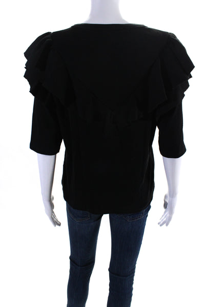 Veronica Beard Womens Cotton Short Sleeve Ribbed Ruffle Blouse Black Size L