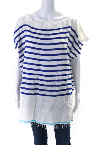 Lemlem Womens Striped Boat Neck Short Sleeves Shirt White Blue Cotton Size Small