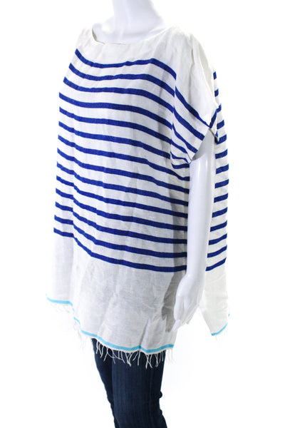 Lemlem Womens Striped Boat Neck Short Sleeves Shirt White Blue Cotton Size Small