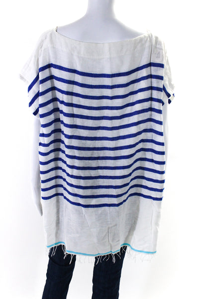 Lemlem Womens Striped Boat Neck Short Sleeves Shirt White Blue Cotton Size Small