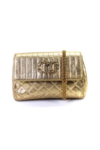 Chanel Womens Quilted Leather Flap Over Chain Strap Mini Strass Crossbody Gold H