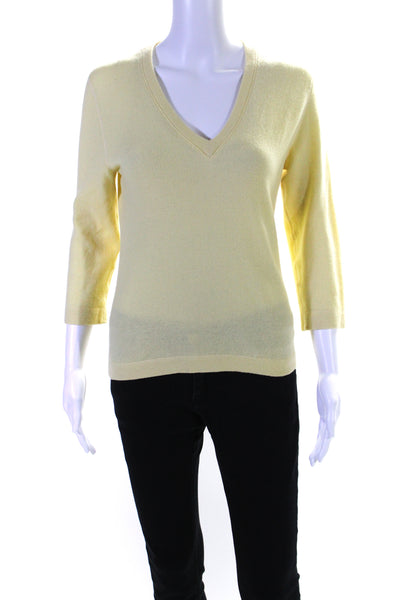 Three Dots Womens 3/4 Sleeve V Neck Cashmere Sweater Yellow Size Large