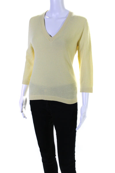 Three Dots Womens 3/4 Sleeve V Neck Cashmere Sweater Yellow Size Large