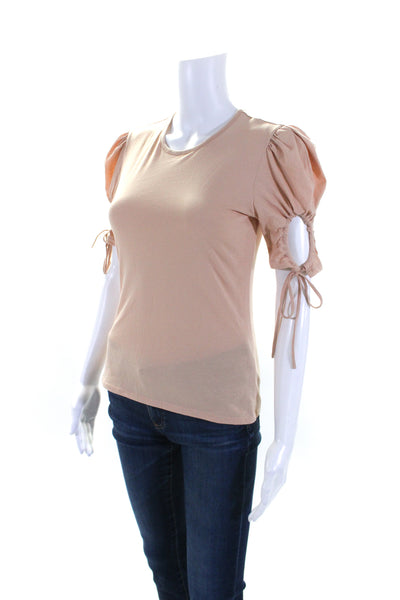 Rebecca Taylor Womens Scoop Neck Short Sleeve Open Shoulder Top Beige Size Small