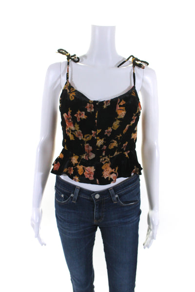 Free People Womens Spaghetti Strap V Neck Velvet Floral Crop Top Black Small