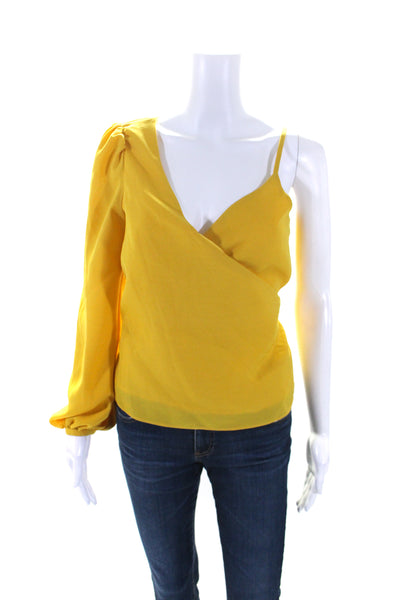 L'Academie Womens Yellow One Shoulder V-Neck Layered Wrap Blouse Top Size XS