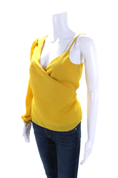 L'Academie Womens Yellow One Shoulder V-Neck Layered Wrap Blouse Top Size XS