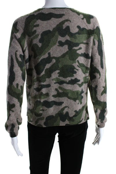 Magaschoni Womens Crew Neck Camouflage Cashmere Sweater Green Brown Size Medium