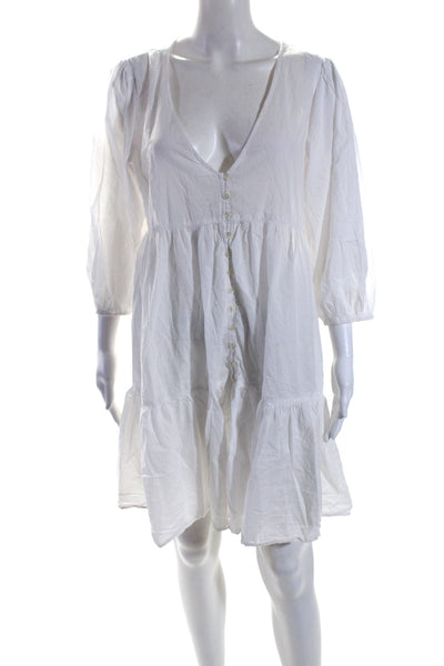 J Crew Womens V Neck Long Sleeves Button Down A Line Dress White Cotton Size Lar