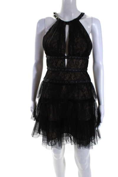 BCBGMAXAZRIA Womens Back Zip Crew Neck Lace Tulle Tiered Dress Black Size 0