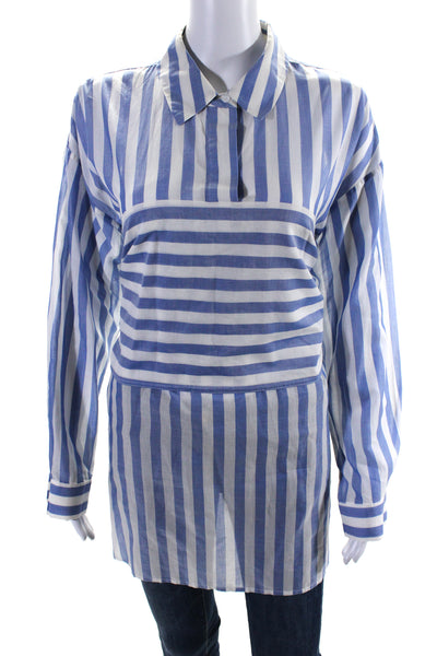 Lewit Womens Cotton Long Sleeve Striped Tie Waist Blouse Blue White Size 1