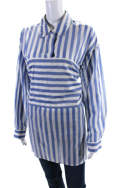 Lewit Womens Cotton Long Sleeve Striped Tie Waist Blouse Blue White Size 1