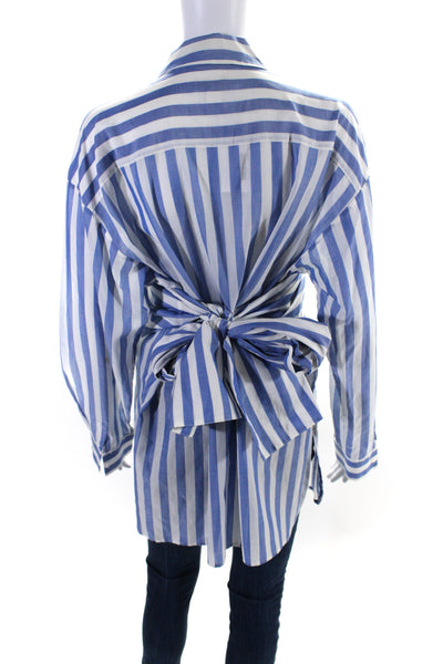 Lewit Womens Cotton Long Sleeve Striped Tie Waist Blouse Blue White Size 1