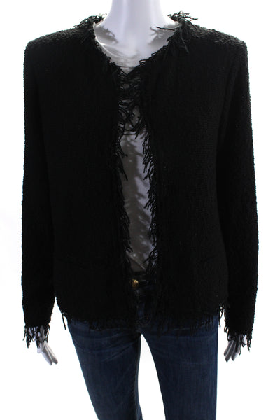 IRO Womens Black Cotton Textured Fringe Open Front Long Sleeve Jacket Size 42