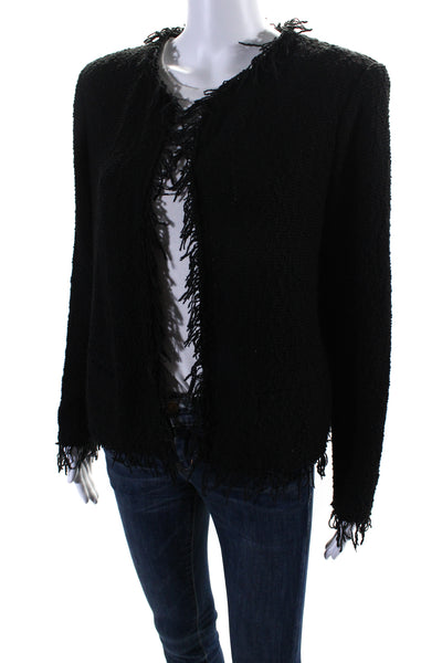 IRO Womens Black Cotton Textured Fringe Open Front Long Sleeve Jacket Size 42