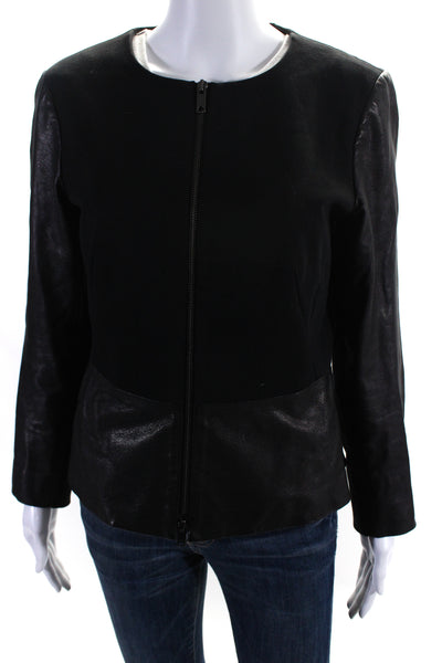 DKNY Women's Round Neck Long Sleeves Leather Trim Jacket Black Size M