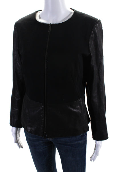 DKNY Women's Round Neck Long Sleeves Leather Trim Jacket Black Size M