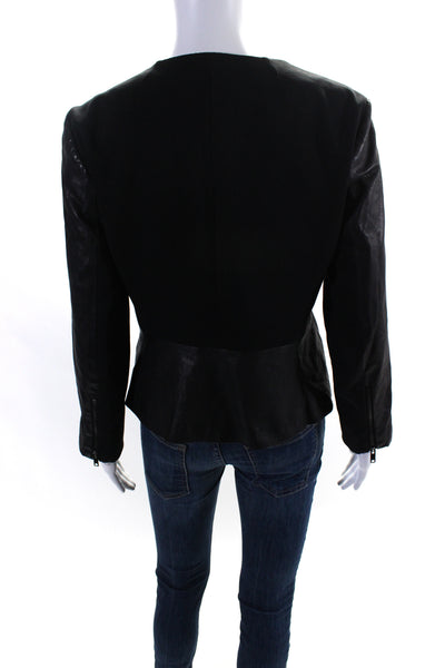 DKNY Women's Round Neck Long Sleeves Leather Trim Jacket Black Size M