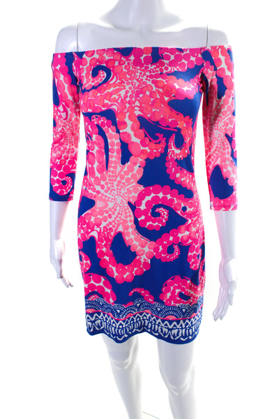 Lilly Pulitzer Womens Pink Printed Off Shoulder Long Sleeve Shift Dress Size XXS