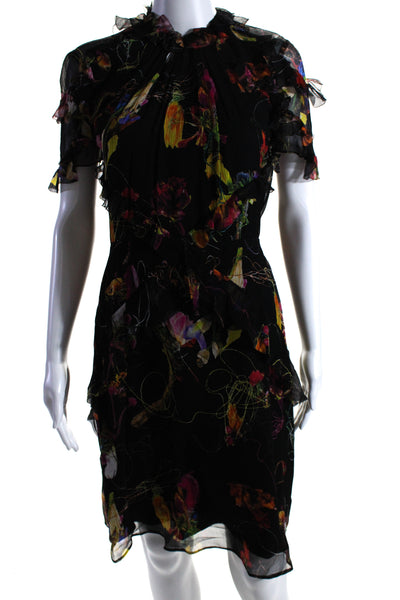 Jason Wu Womens Back Zip Crew Neck Floral Silk Chiffon Dress Black Size 4