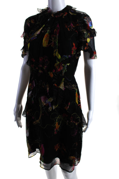 Jason Wu Womens Back Zip Crew Neck Floral Silk Chiffon Dress Black Size 4