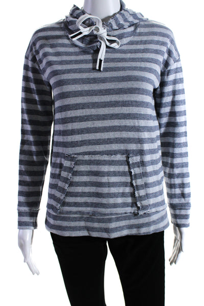 Stateside Womens Pullover Drawstring Striped Hoodie Sweater Blue Cotton Small