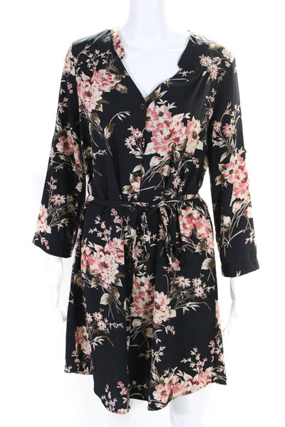 41 Hawthorn Womens Navy Blue Floral V-Neck Long Sleeve Shift Dress Size M