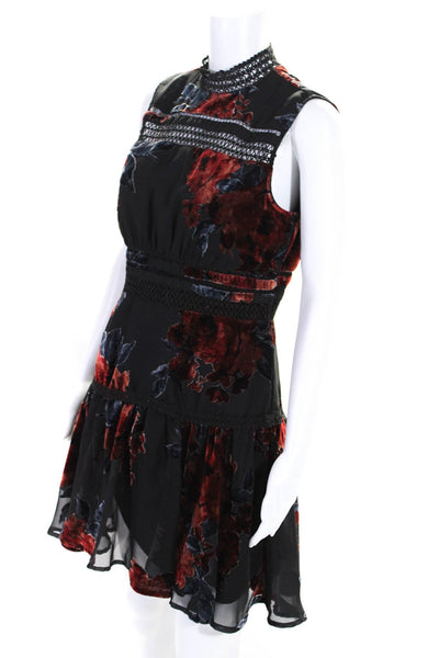Gianni Bini Womens Black Velvet Floral Crew Neck Sleeveless Shift Dress Size M