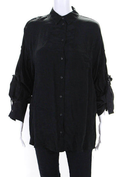 IRO Womens Long Sleeve Collared Waist Tie Button Down Top Black 34 Tall