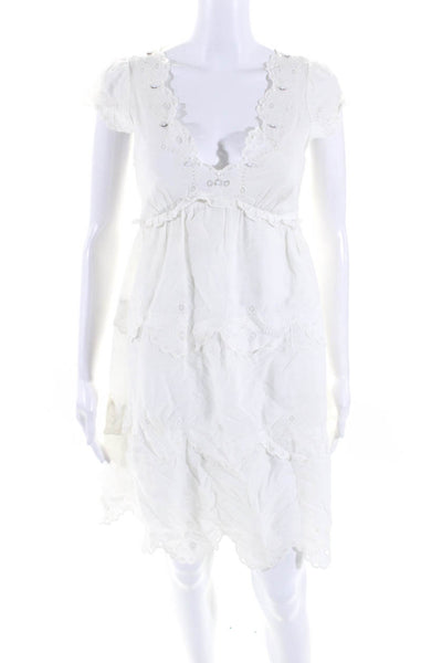 BCBGMAXAZRIA Womens Knee Length V Neck Button Down Dress White Size 0