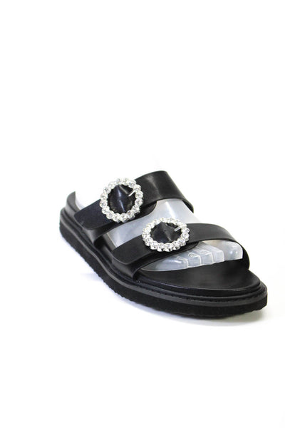 Billini Womens Leather Jeweled Buckle Straps Slide On Sandals Black Size 9