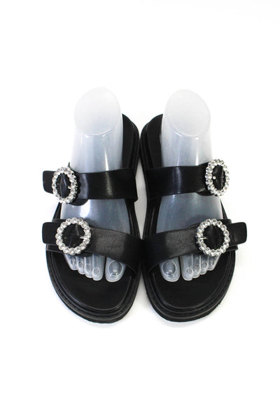 Billini Womens Leather Jeweled Buckle Straps Slide On Sandals Black Size 9