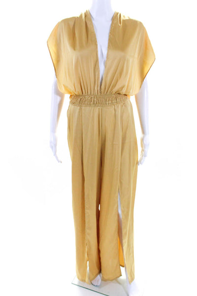 Bohemian Labeled Womens Satin Wide Leg Jumpsuit Yellow Size Large