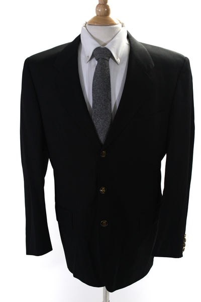 Borghese Mens Wide Lapel Three Button Blazer Jacket Black Wool Size 42 Regular