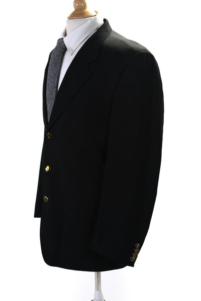 Borghese Mens Wide Lapel Three Button Blazer Jacket Black Wool Size 42 Regular