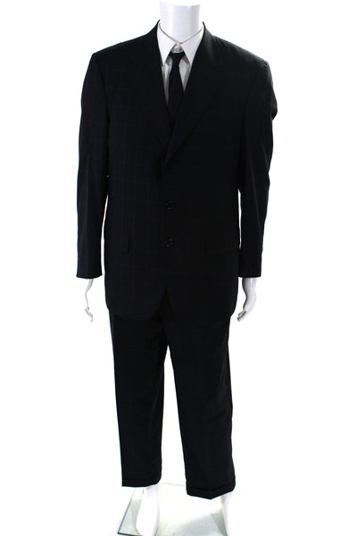 Ravazzolo Mens Plaid Pleated Front Suit Black Blue Wool Size EUR 50 Regular/34