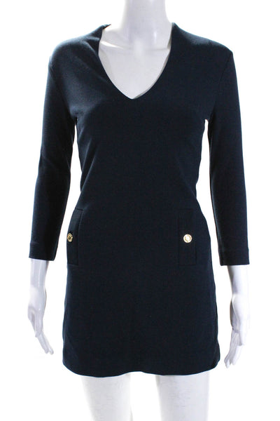 Lilly Pulitzer Womens Navy Ribbed V-Neck Long Sleeve Cotton Shift Dress Size XXS