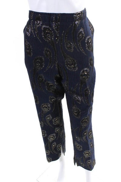 Trina Turk Womens Side Zip High Rise Metallic Printed Trouser Pants Navy Size 12