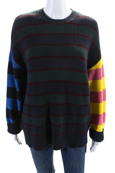 Etcetera Womens Oversized Crew Neck Knit Striped Sweater Green Red Yellow Large